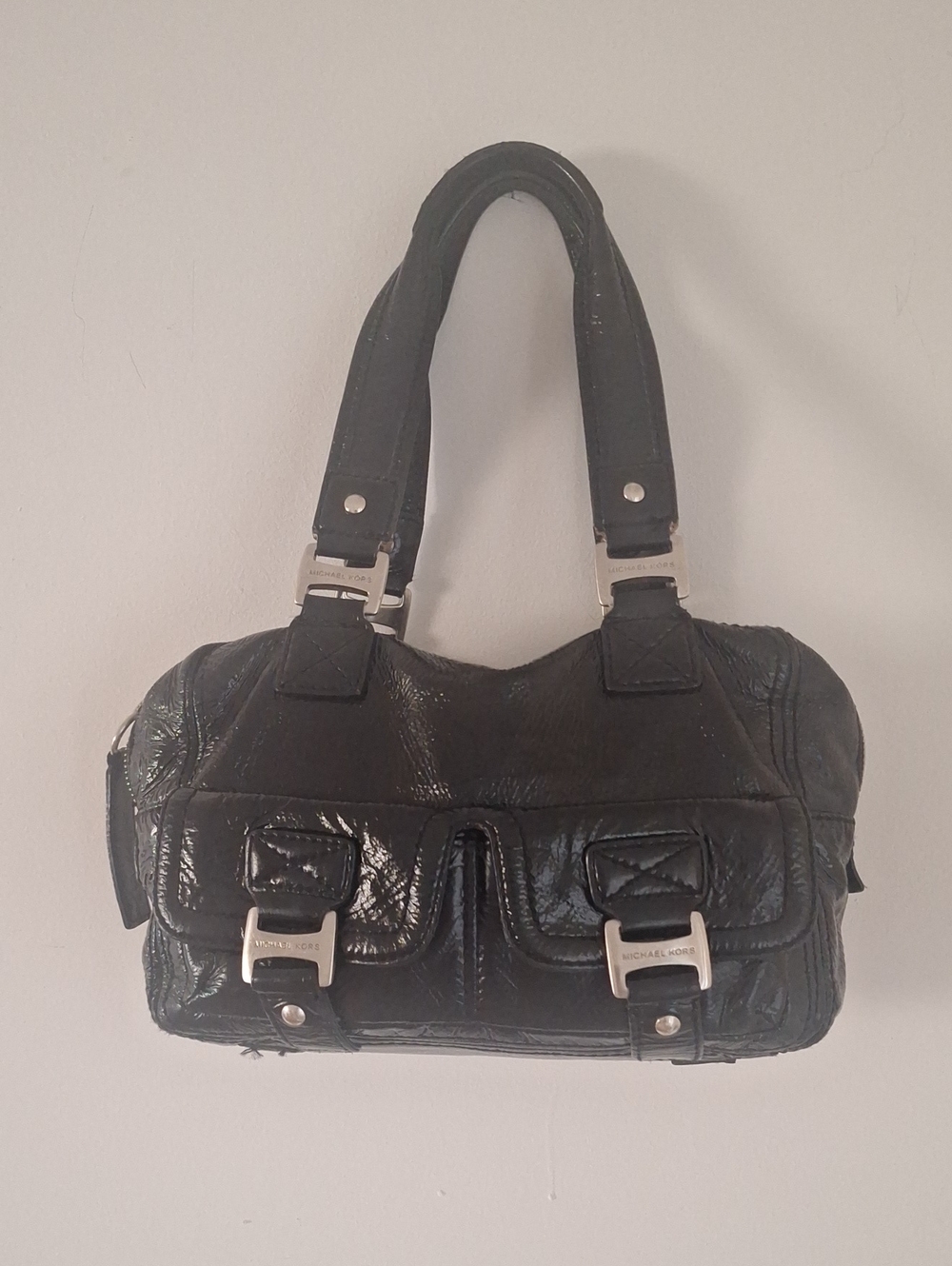 Michael Kors Black Patent Leather Shoulder Bag with Silver Hardware